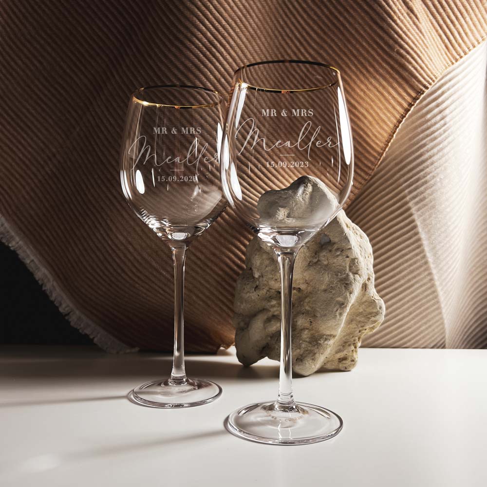 Mr & Mrs Premium Crystal Wine Glasses Set with Gold Rim