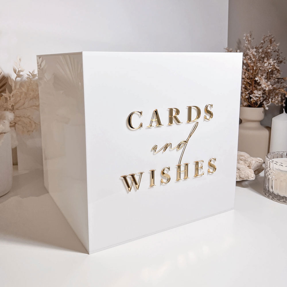 White Acrylic Wishing Well Cards & Wishes Gold Text HIRE